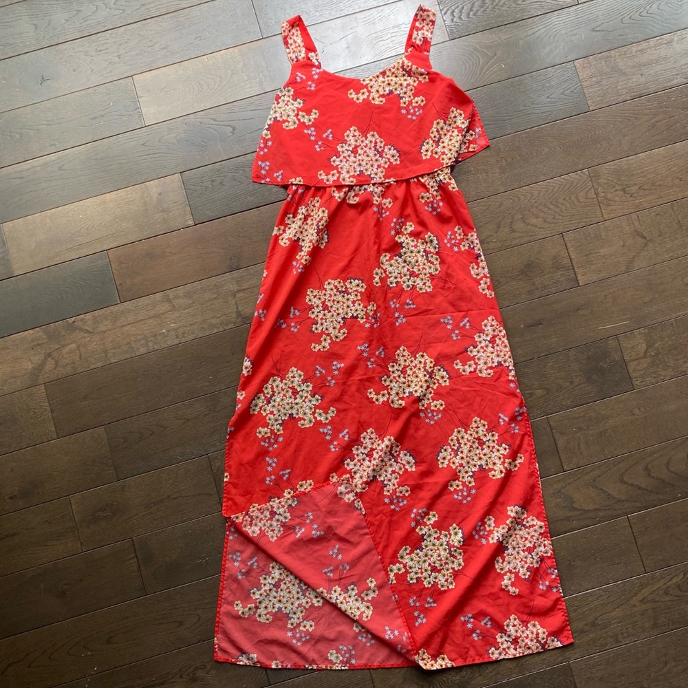 Fleur Bleue Dress coral spaghetti straps splits, 6